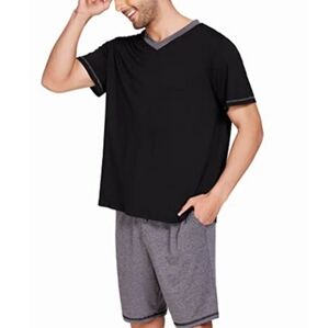 Ekouaer Short Sleeve V Neck T-Shirt & Shorts W/Pockets Pajama Set Black/Gray L